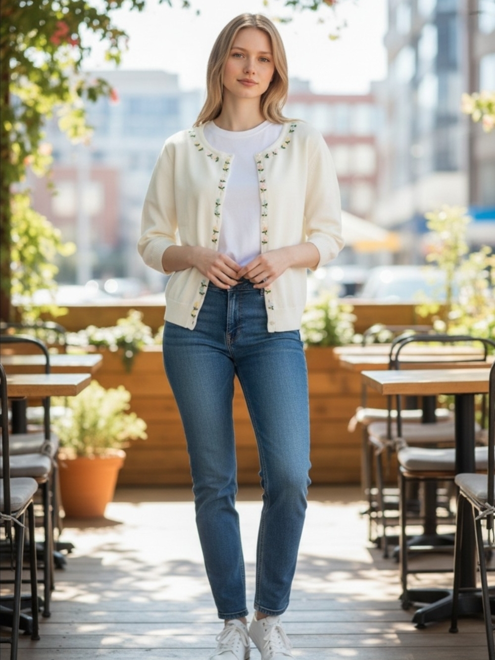 Vintage 90's Tommy Hilfiger Cream Embroidered Floral Spring Cardigan 100% cotton